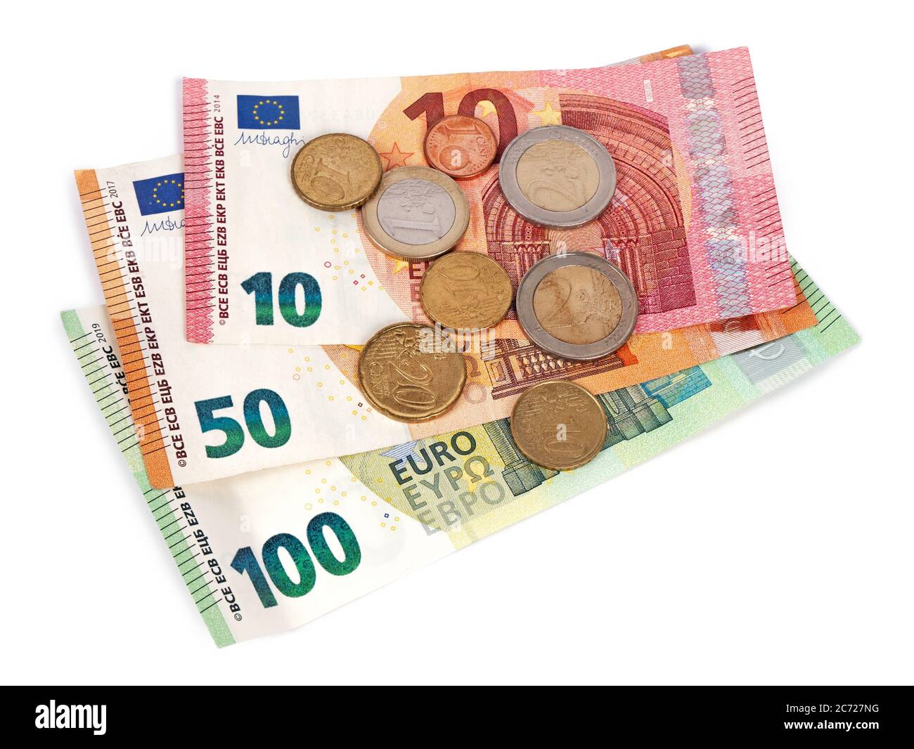 Pile of euro banknotes and coins on white background Stock Photo