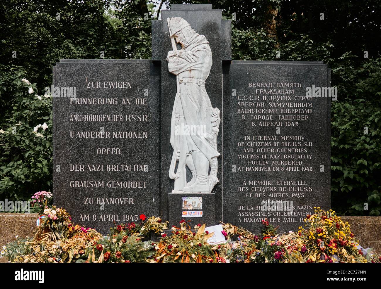 Hanover Germany, 23 May 2020: Memorial behind the graves of forced laborers who were killed shortly before the end of WWII Stock Photo