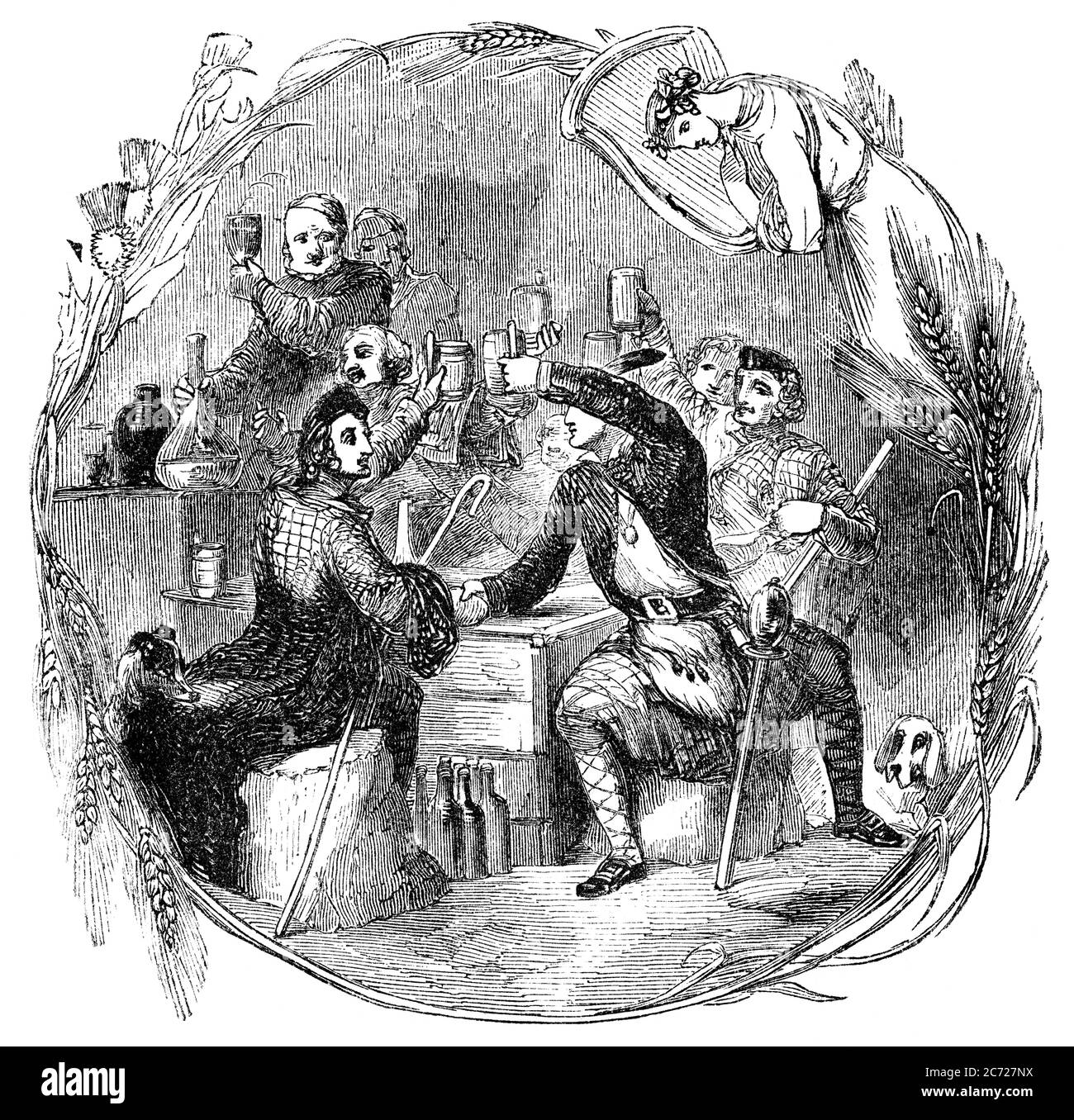 An engraved vintage illustration drawing of  the celebration of Auld Lang Syne at the New Year eve from a Victorian book dated 1854 that is no longer Stock Photo
