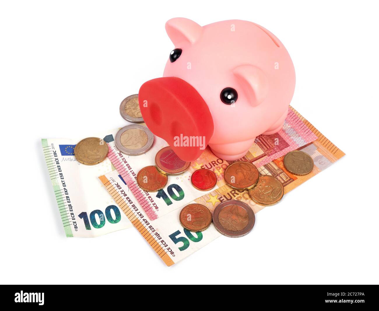 Piggy bank with pile of euro banknotes and coins on white background Stock Photo