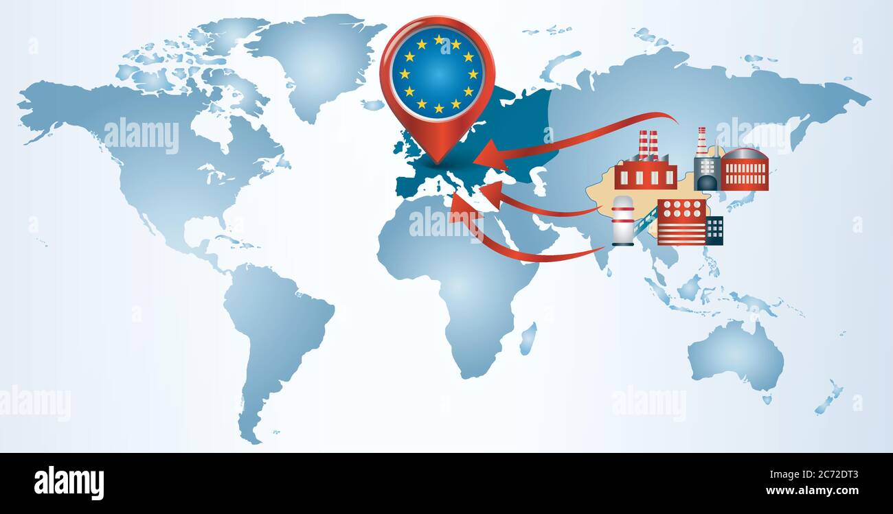 Reshoring.Local production.Factories companies from China return to the EUROPE. Protectionism.Local production self-sufficiency.Automated supply chain Stock Vector