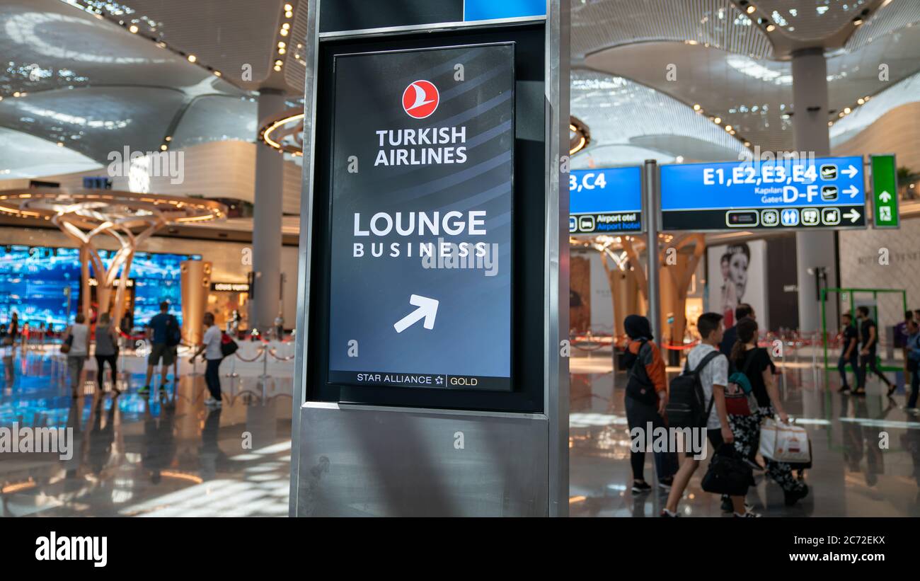 Istanbul, Turkey - May 2019: Interior view of new Istanbul Airport with the sign showing business lounge Stock Photo