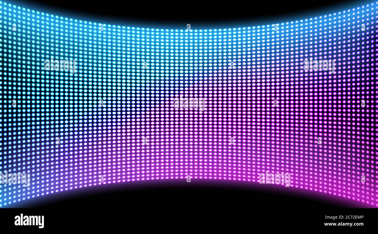 LED video wall screen texture background, blue and purple color light diode dot grid concave tv panel, lcd display with pixels pattern, television digital monitor, Realistic 3d vector illustration Stock Vector
