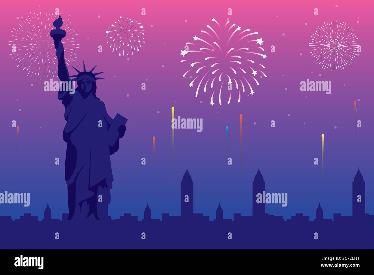 Fireworks burst explosions with new york city scene in pink background ...