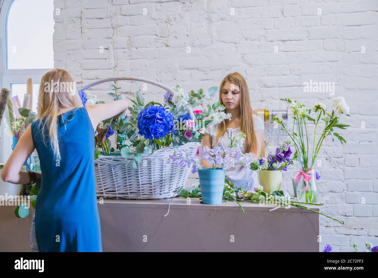 Two professional women floral artists, florists making large floral basket with flowers at workshop, flower shop. Floristry, handmade, wedding Stock Photo