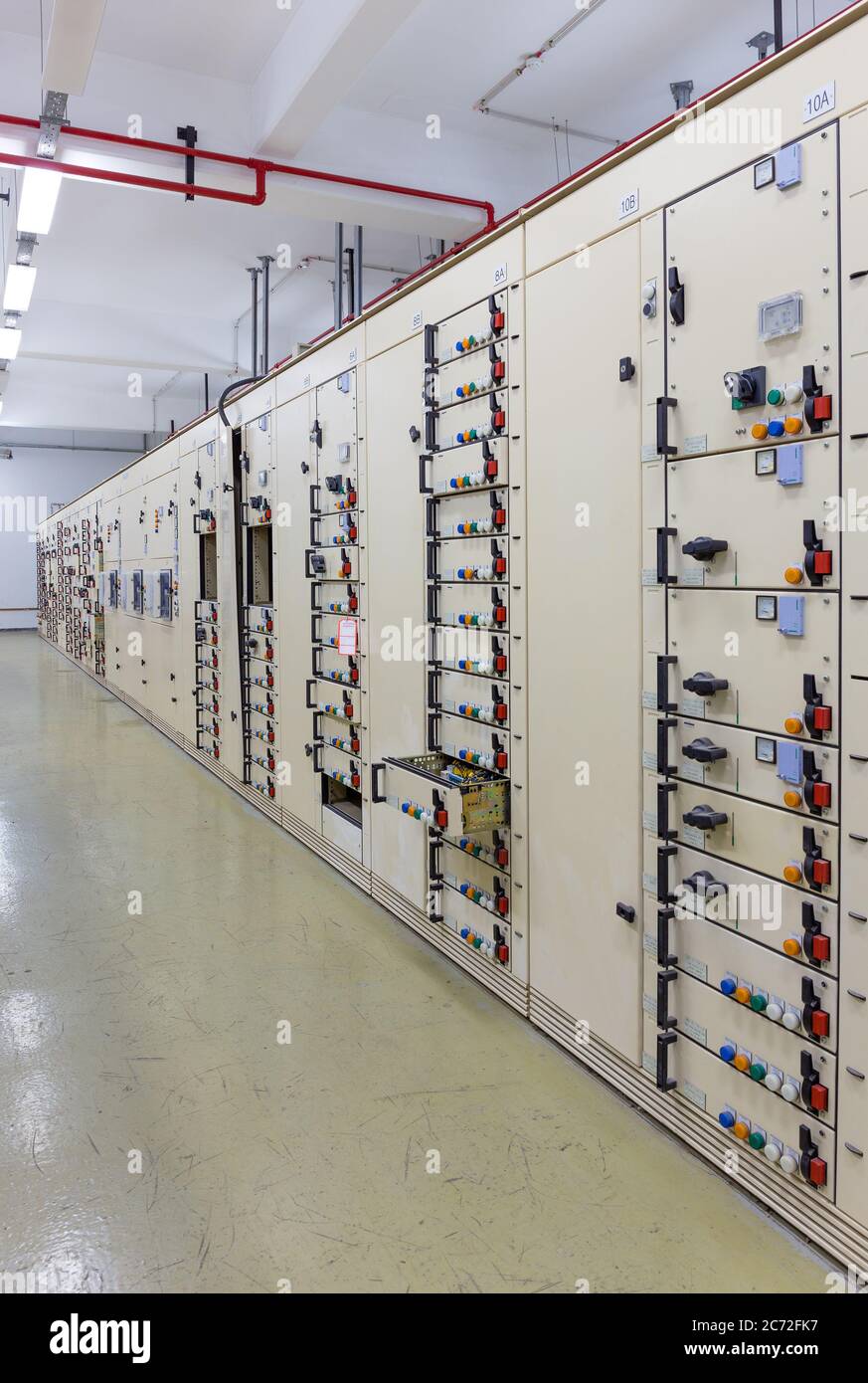 Electric voltage control room of a power plant Stock Photo