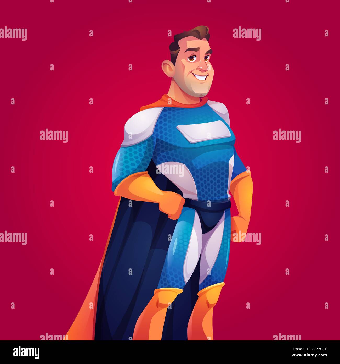 Superhero in blue costume with cape. Vector cartoon poster with strong man  with muscular figure in brave pose. Comic illustration of character in  super hero suit with cloak Stock Vector Image &