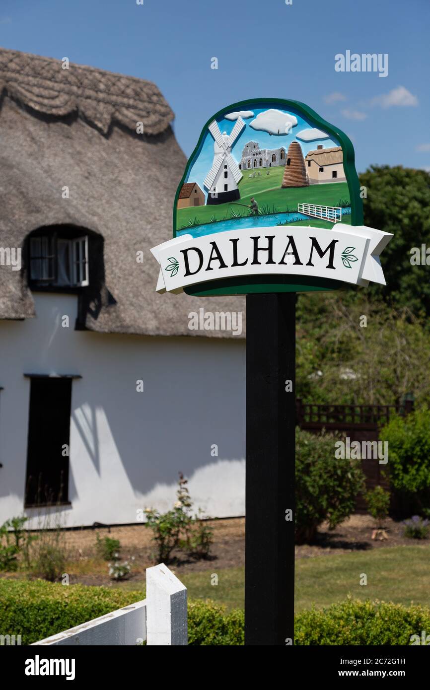 UK village sign; the traditional village name sign for Dalham village, Dalham Suffolk East Anglia England UK Stock Photo