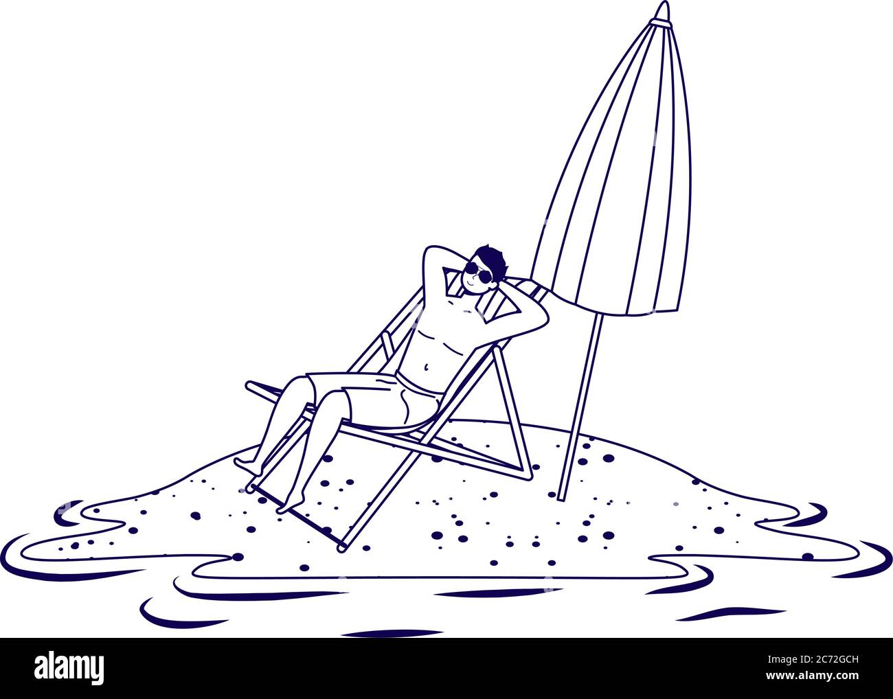 man relaxing on the beach seated in chair and umbrella vector 