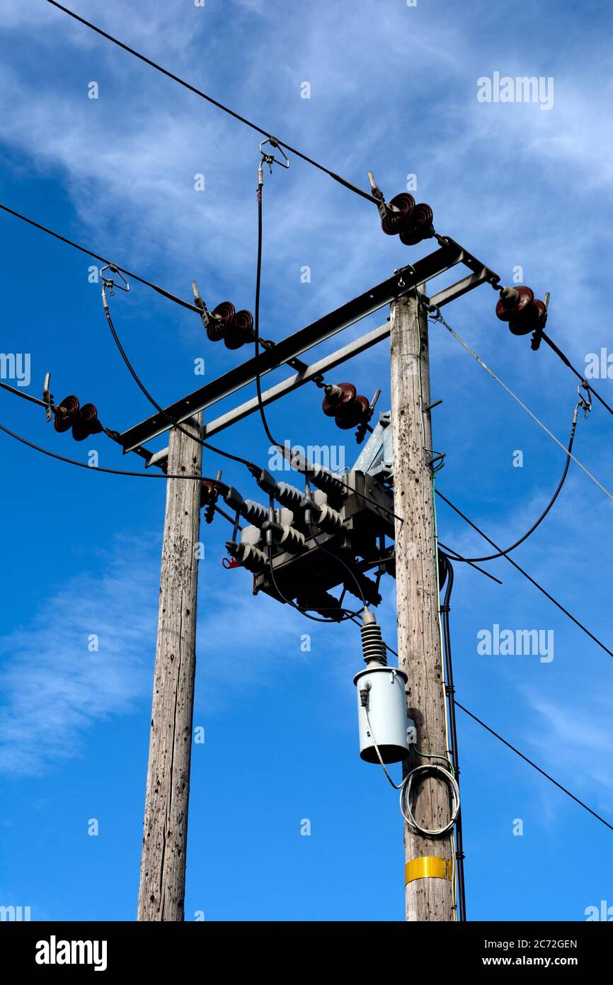 Overhead power lines, Warwickshire, UK Stock Photo