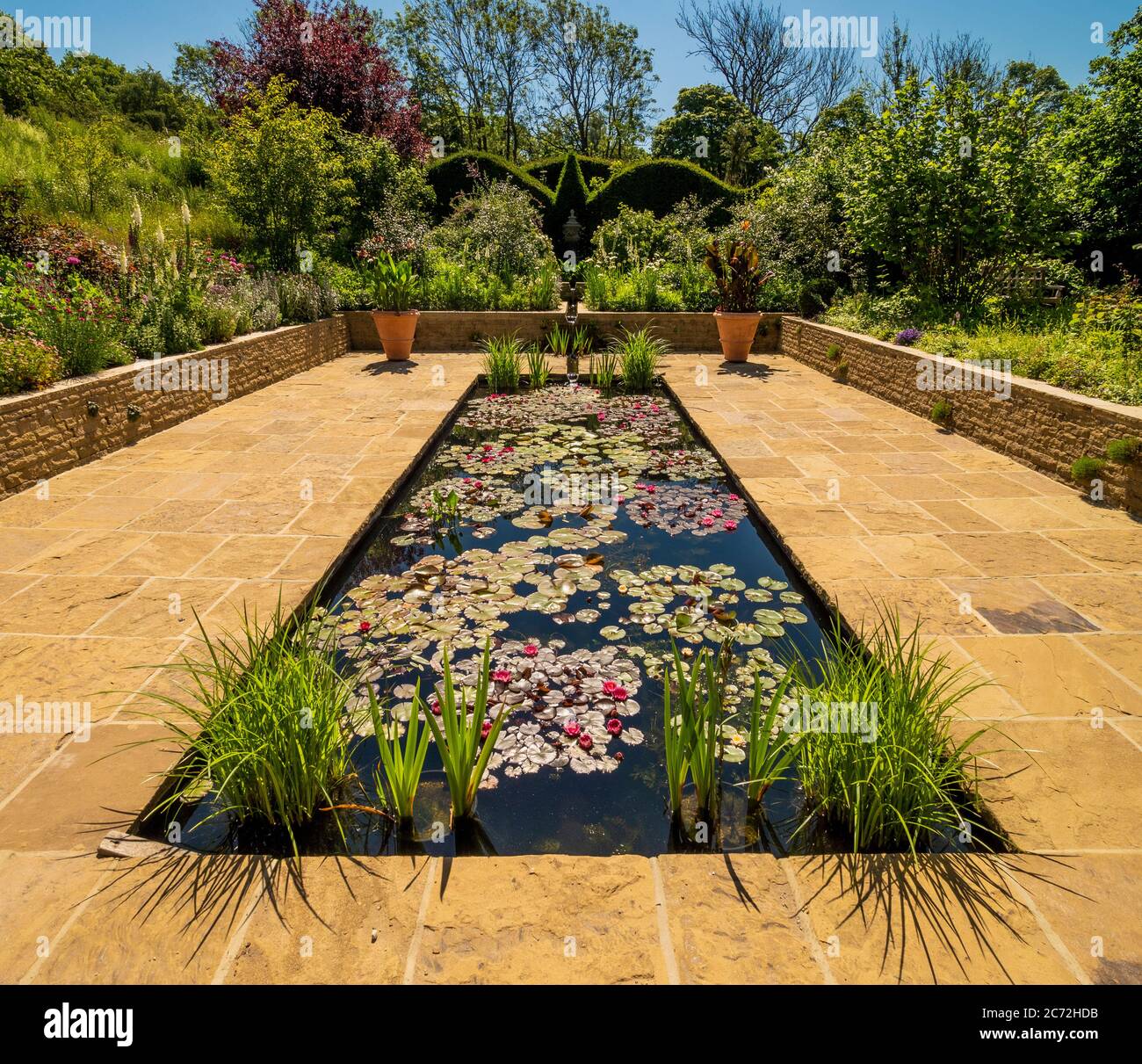 The rectangular pool of the Edwardian garden at RHS Harlow Carr, Harrogate, North Yorkshire, UK Stock Photo