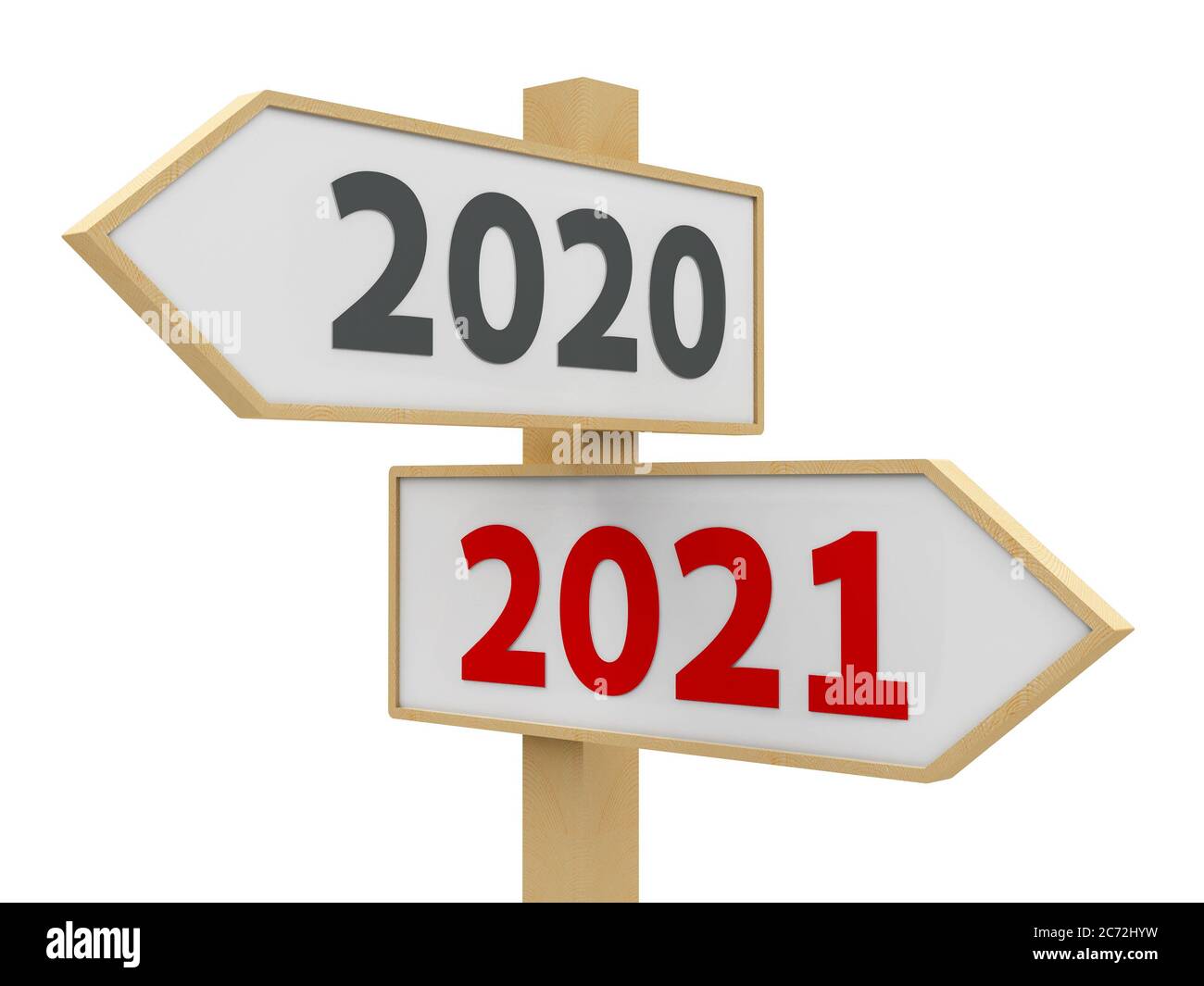 Road sign with 2020-2021 change on white background represents the new 2021 year, three-dimensional rendering, 3D illustration Stock Photo