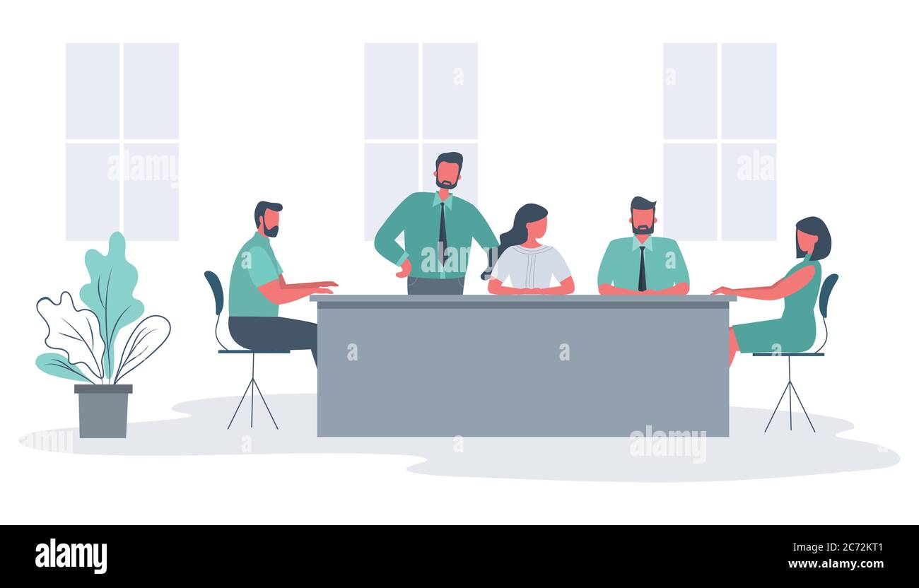 Office workers during the meeting. Employees are sitting at the table on a window background. Conference hall Stock Vector