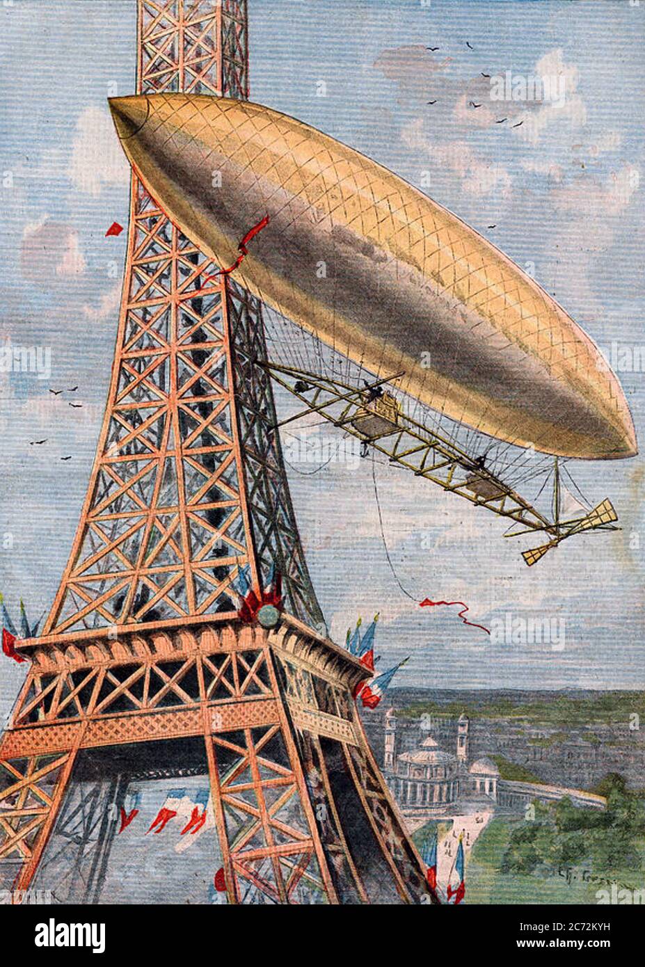 ALBERTO SANTOS-DUMONT (1873-1932)  Brazilian inventor pilots his dirigible round the Eiffel Tower on 19 October 1901 to win the Deutsch de la Meurthe Prize Stock Photo