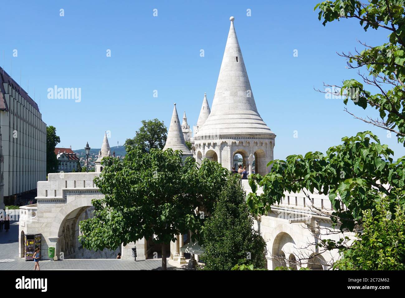 Fisherman's Bastion is a terrace in neo-Gothic and neo-Romanesque style situated on the Buda bank of the Danube, Castle Quarter, Budapest, Hubgary Stock Photo