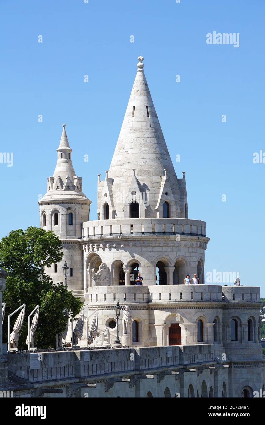 Fisherman's Bastion is a terrace in neo-Gothic and neo-Romanesque style situated on the Buda bank of the Danube, Castle Quarter, Budapest, Hubgary Stock Photo