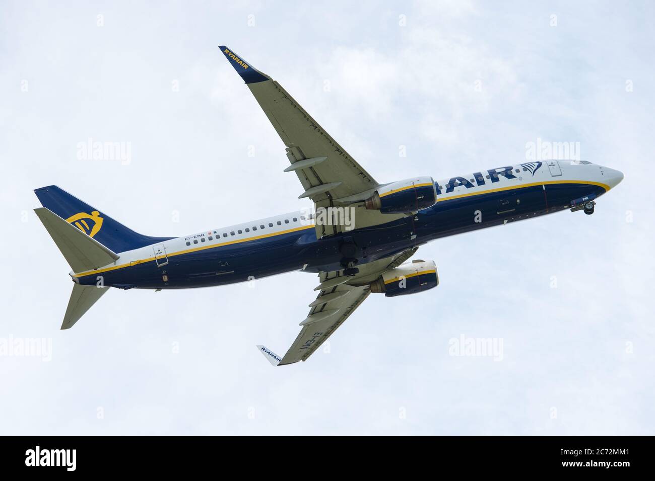 Prestwick, Scotland, UK. 13th July, 2020. Pictured: A Ryanair flight (Boeing 737-800) departing Prestwick Airport for a European holiday destination. Ryanair has been operating full schedules since the 1st July due to the coronavirus (COVID19) crisis which has affected the global aviation industry. Passengers are required to wear face masks on their flights until further notice to help prevent the spread of coronavirus. Credit: Colin Fisher/Alamy Live News Stock Photo