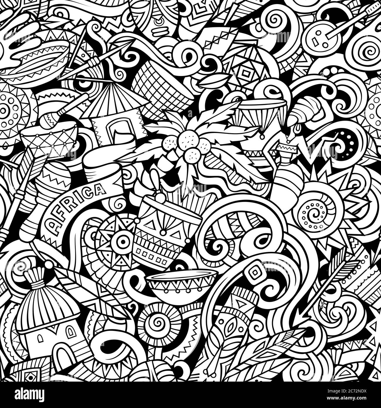 Cartoon cute doodles hand drawn Africa seamless pattern Stock Vector ...