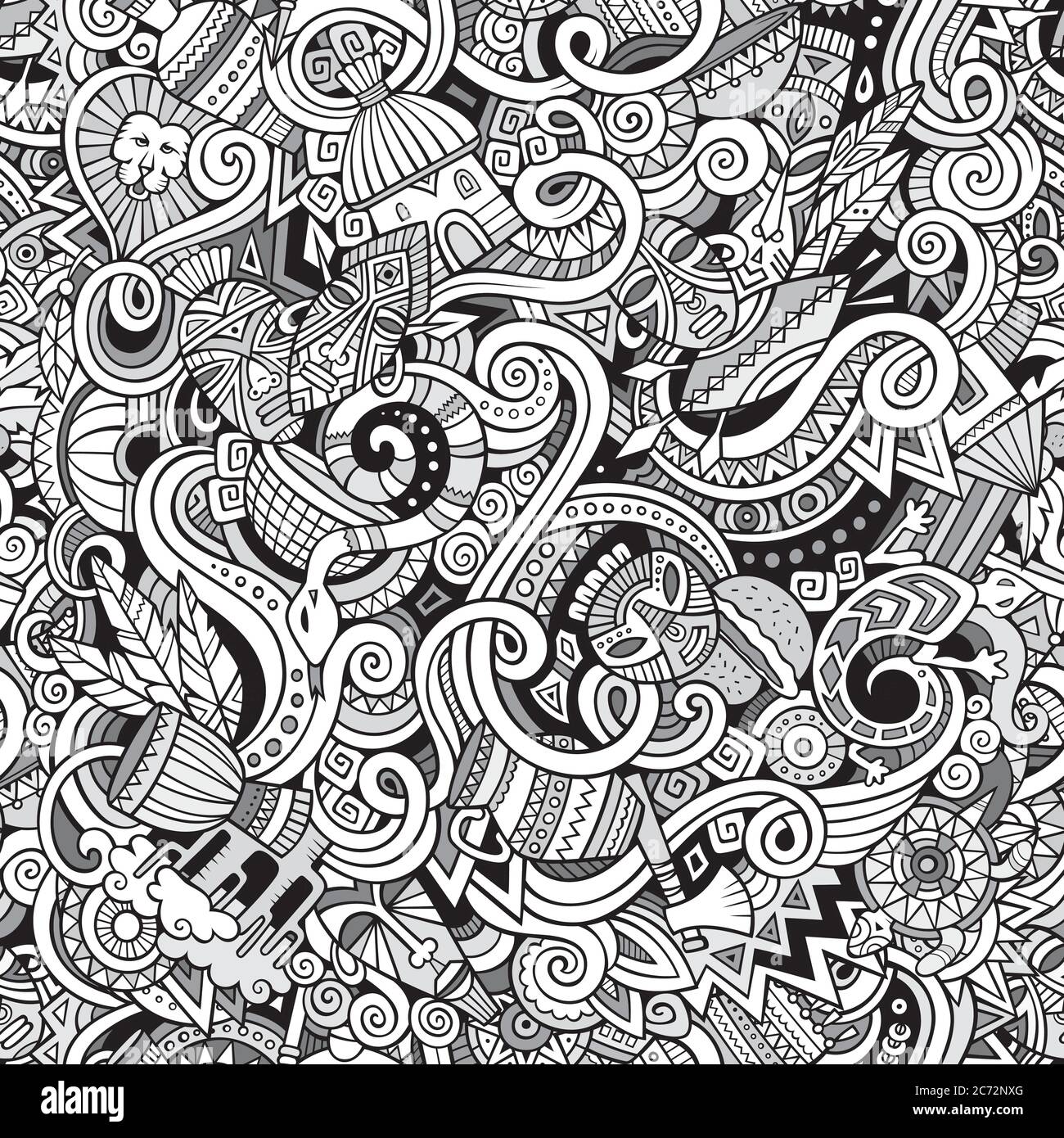 Cartoon cute doodles hand drawn Africa seamless pattern Stock Vector ...