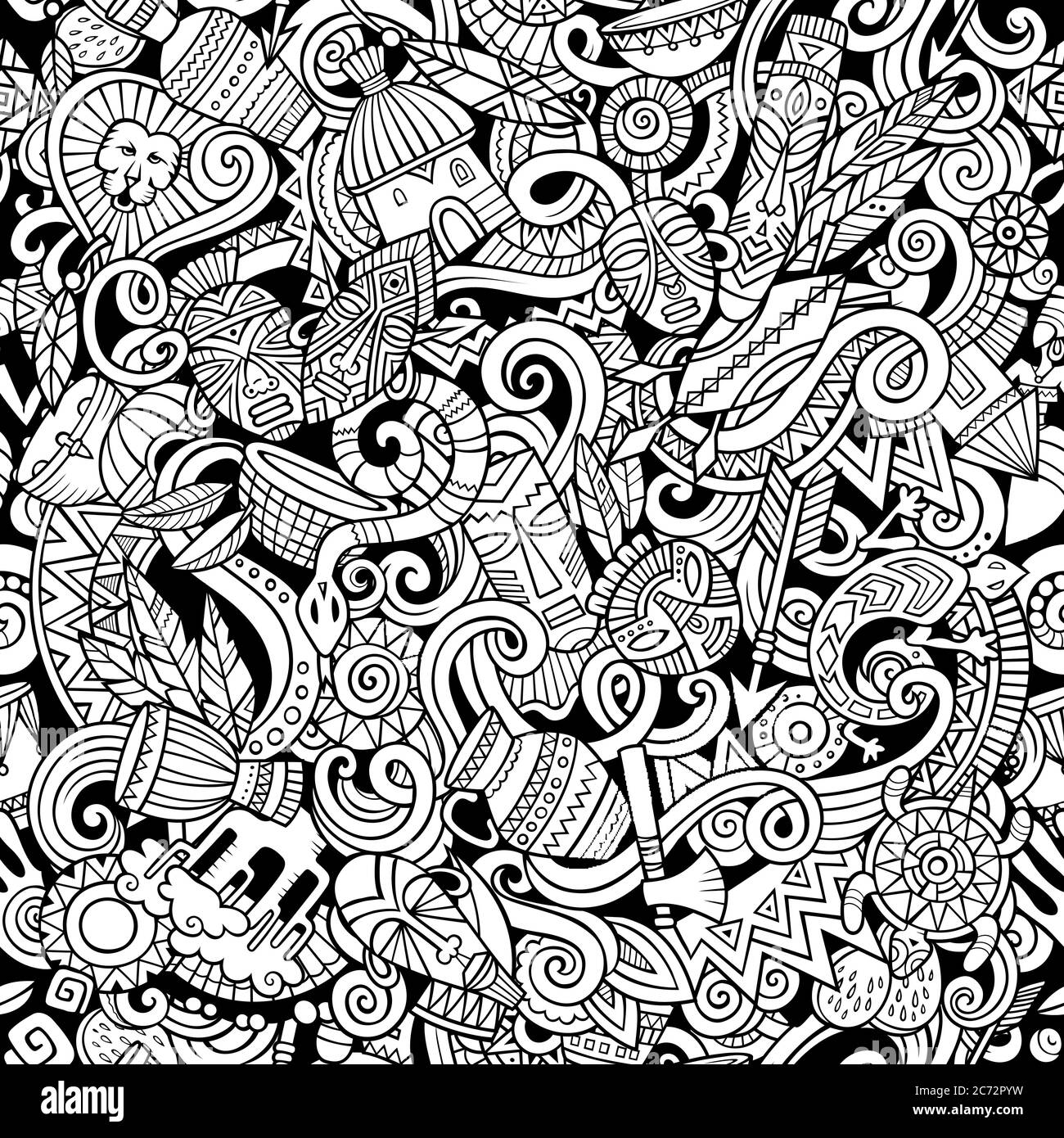 Cartoon cute doodles hand drawn Africa seamless pattern Stock Vector ...