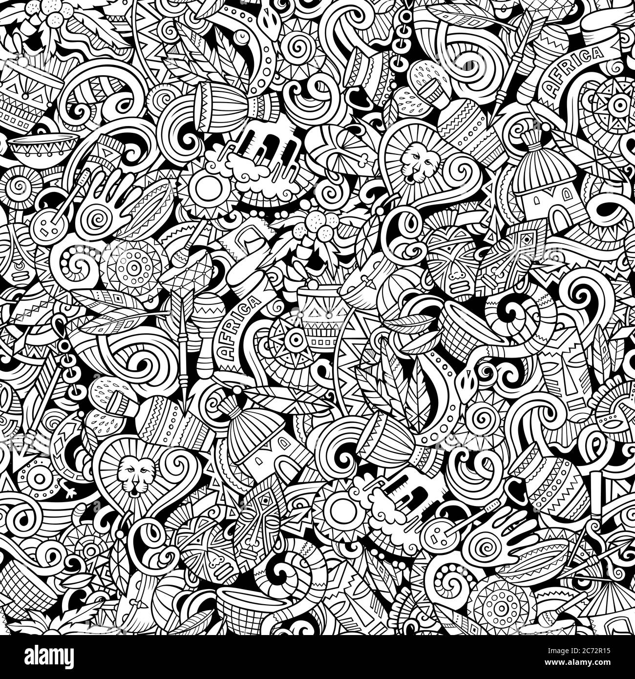 Cartoon cute doodles hand drawn Africa seamless pattern Stock Vector ...