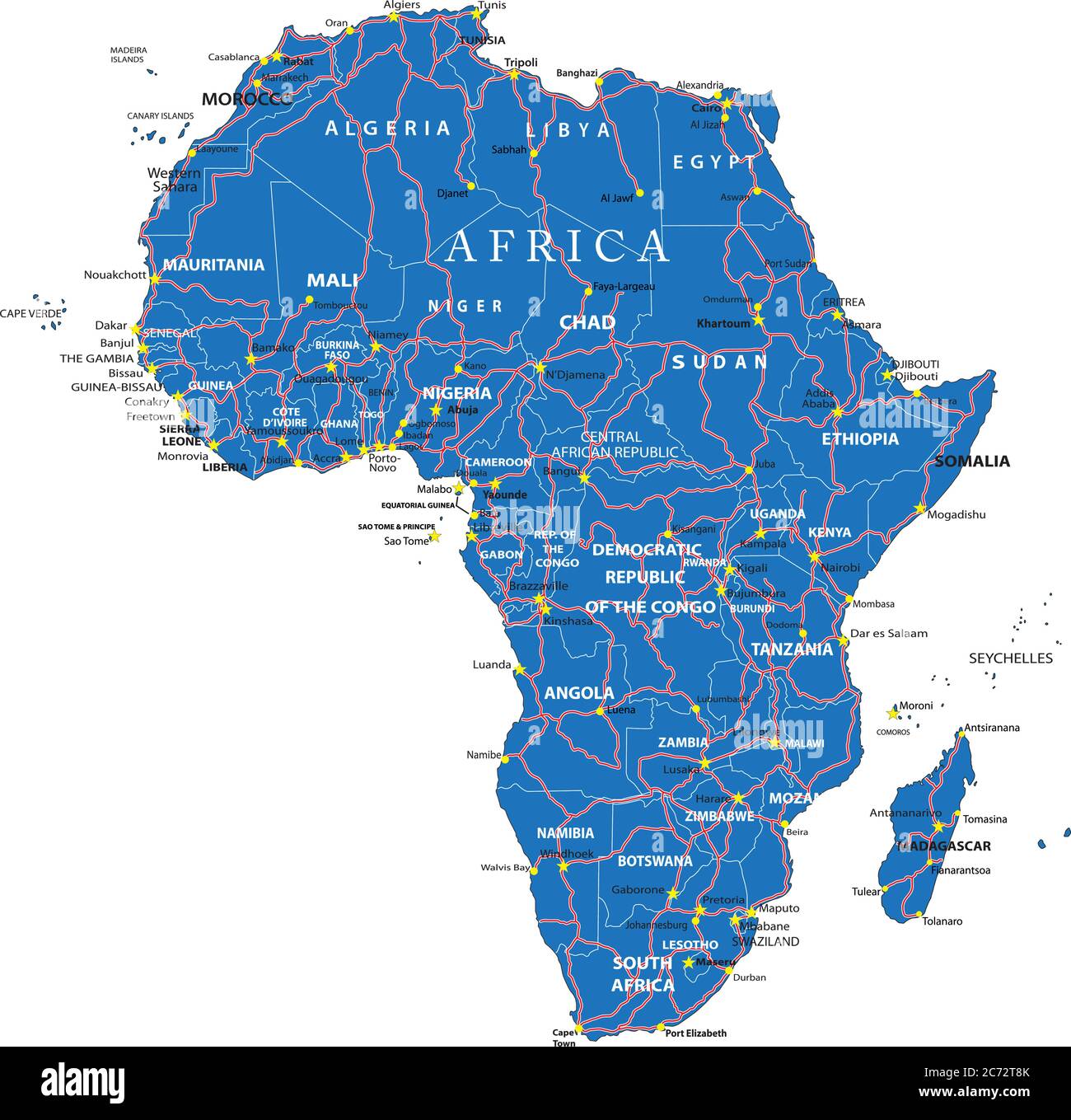 Highly detailed vector map of Africa with countries, main cities and roads. Stock Vector