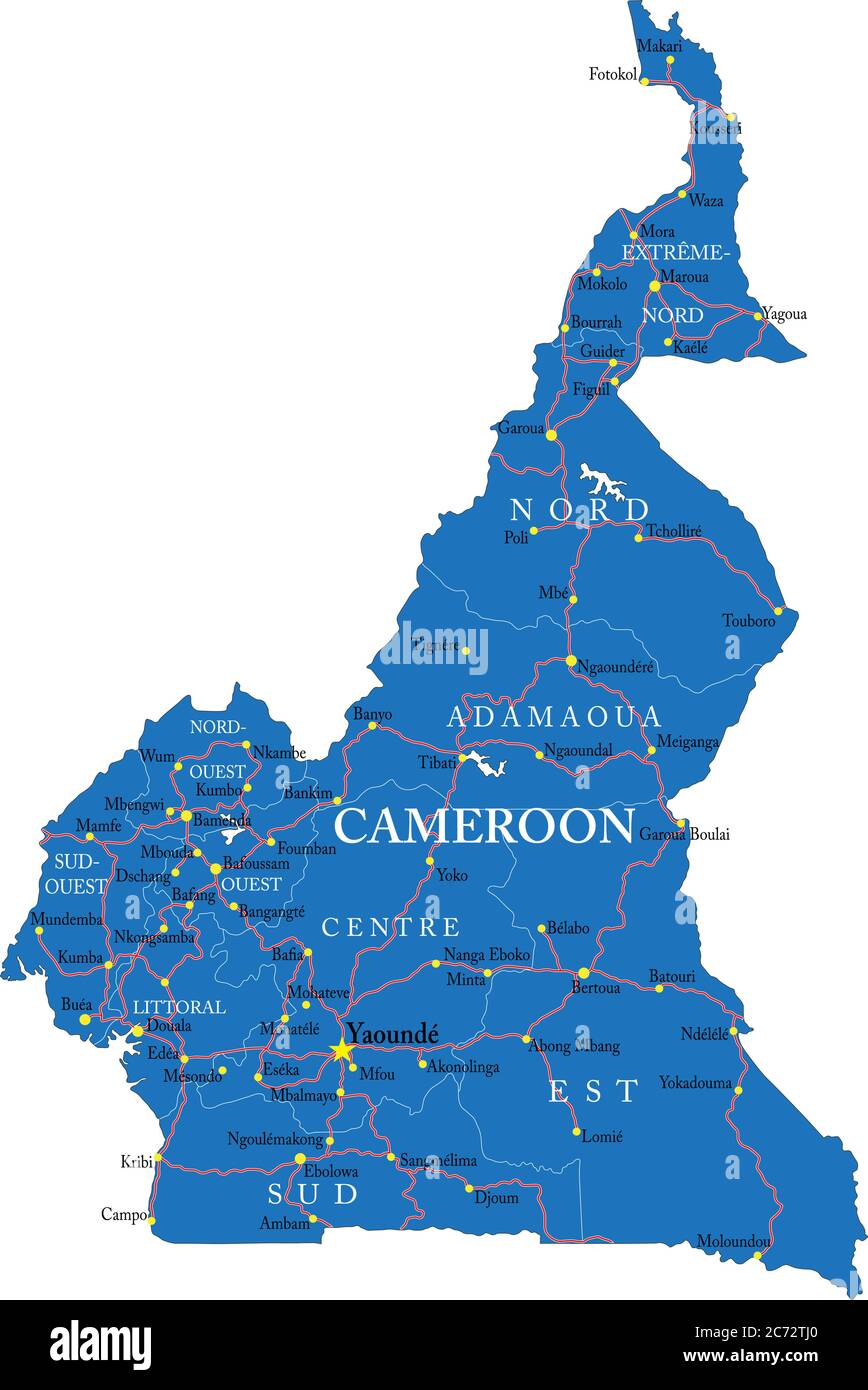 Highly detailed vector map of Cameroon with administrative regions, main cities and roads. Stock Vector