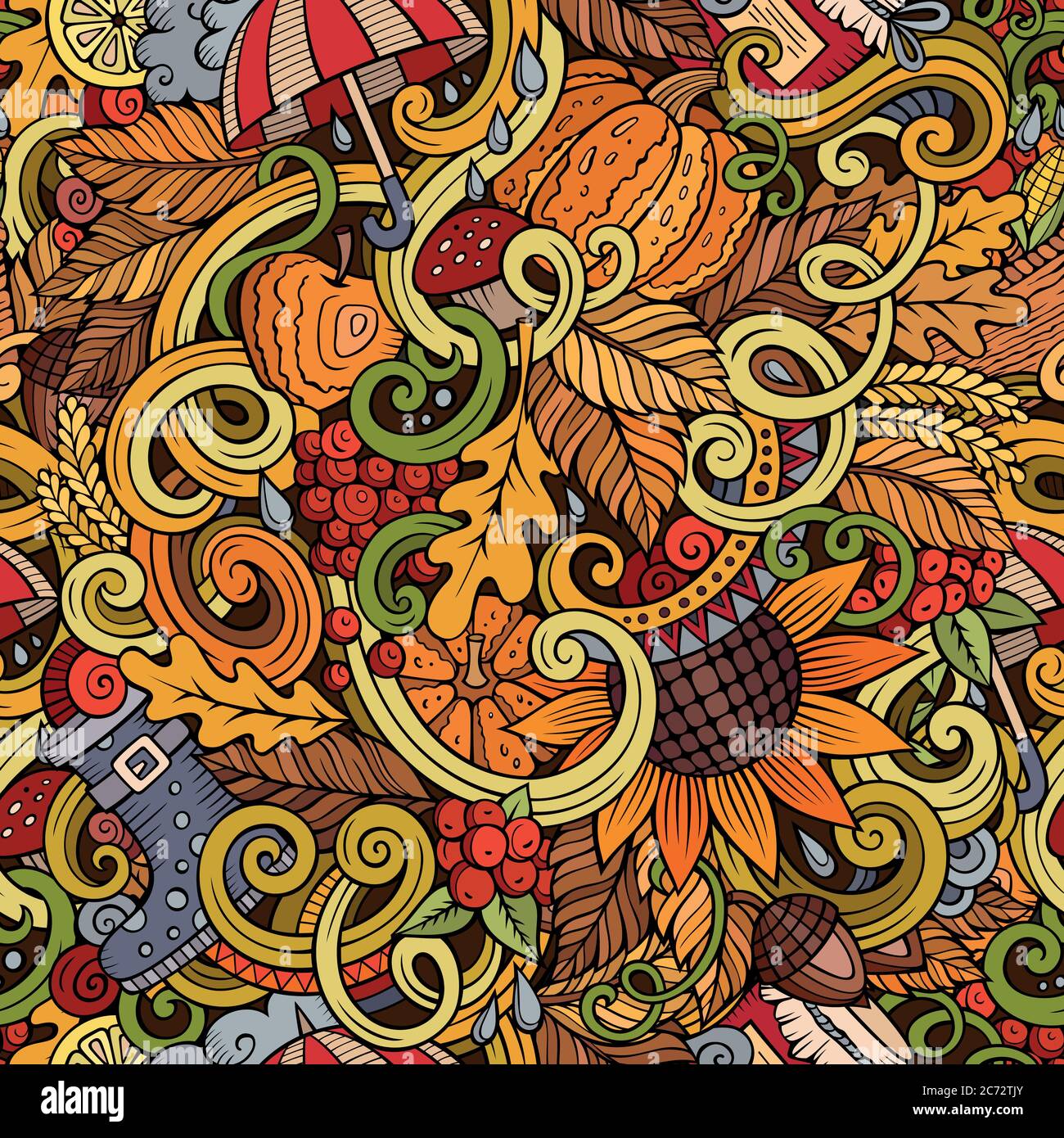 Cartoon cute doodles autumn seamless pattern Stock Vector Image & Art ...