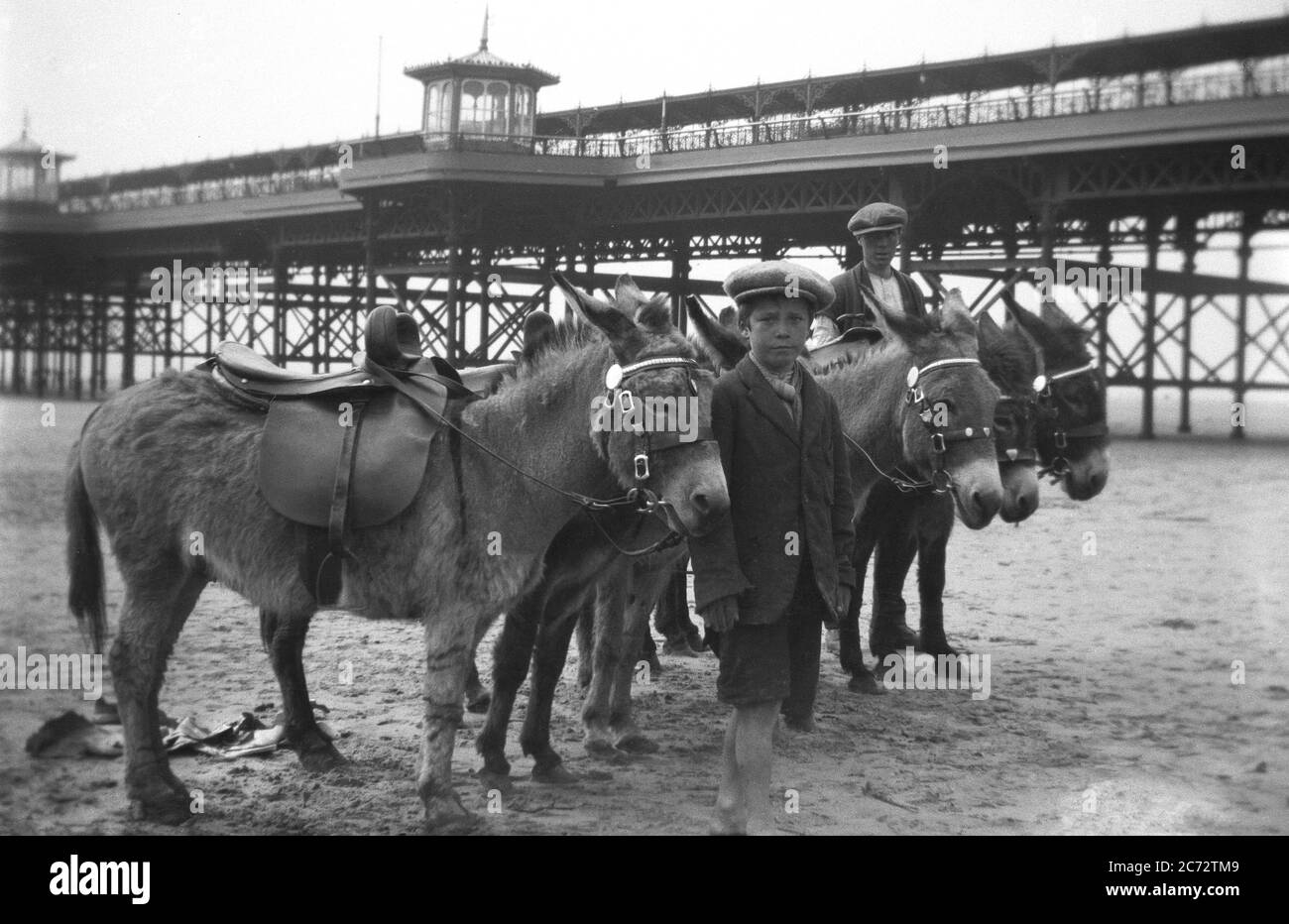 1920s, historical, on a sandy beach, below a large covered victorian pier, a young boy and young man, both wearing cloth caps, standiing with their donkeys, waiting for customers, England, UK. Riding on a donkey was a traditional activity for children at seaside resorts across Britain in this era. Stock Photo