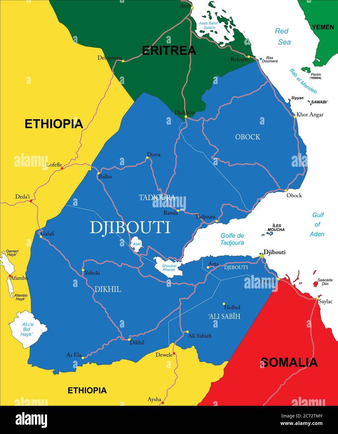 Highly detailed vector map of Djibouti with administrative regions, main cities and roads. Stock Vector