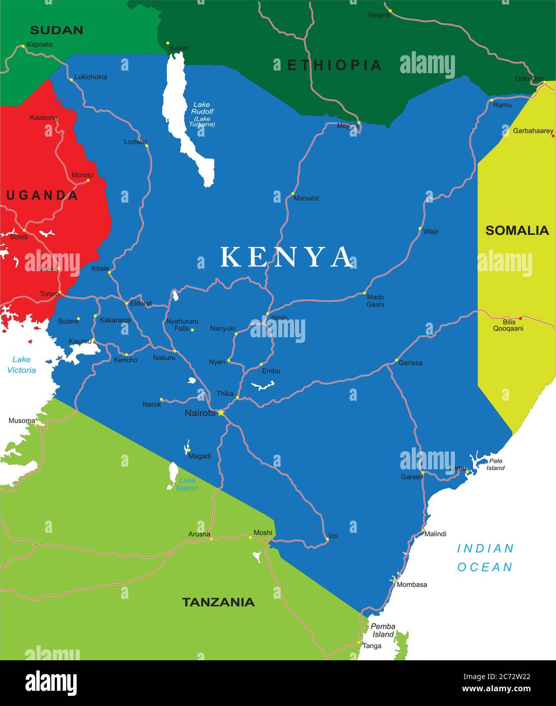 Highly detailed vector map of Kenya with administrative regions, main cities and roads Stock Vector