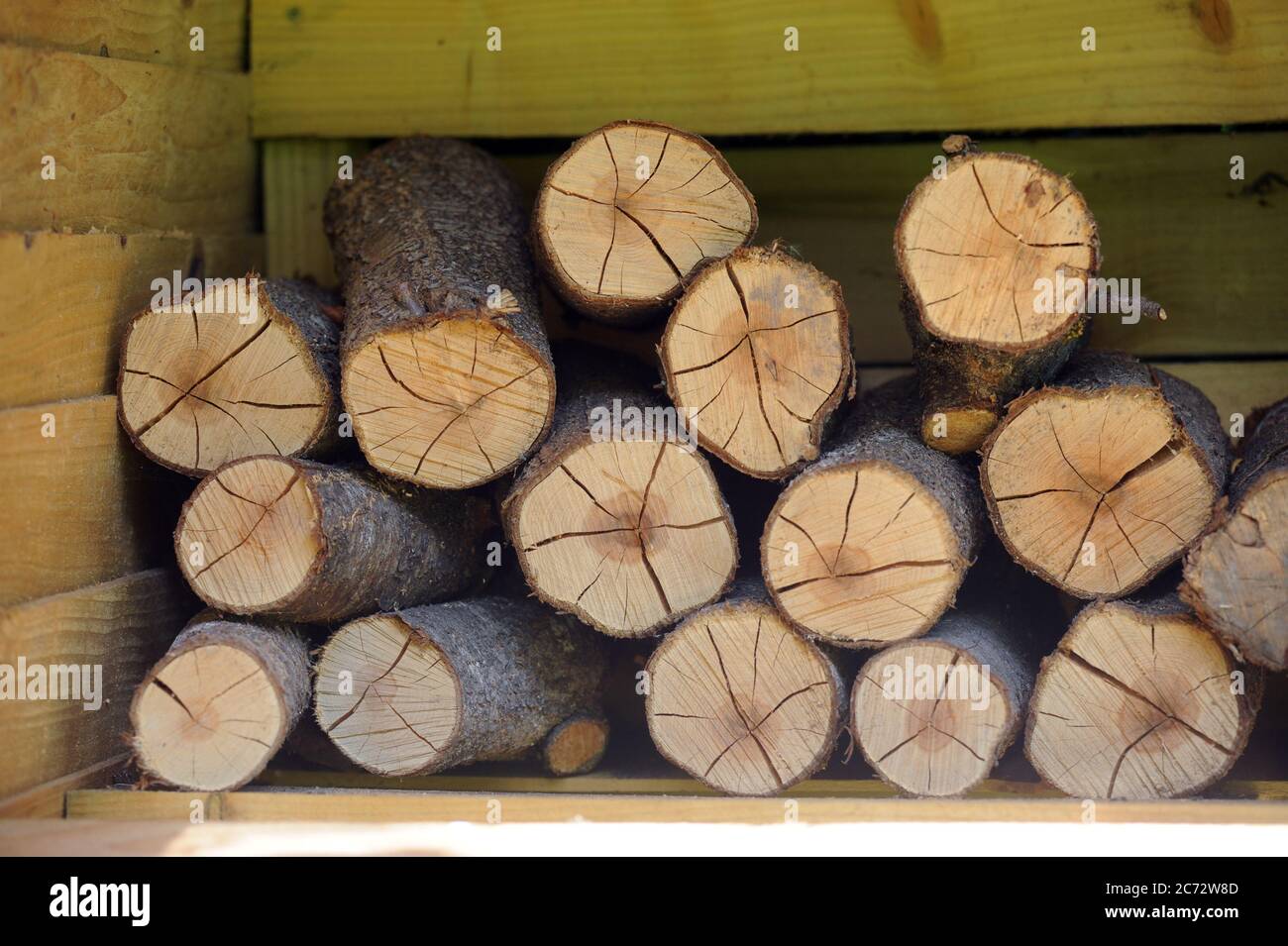 LOGS IN STORAGE SHED RE FIRES HEATING SMOKELESS THE ENVIRONMENT WOOD FUEL ETC UK Stock Photo