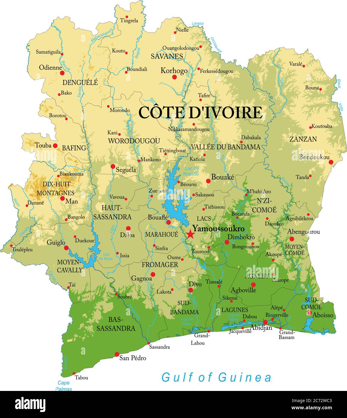 Highly detailed physical map of the Cote d'Ivoire,in vector format,with all the relief forms,regions and big cities. Stock Vector
