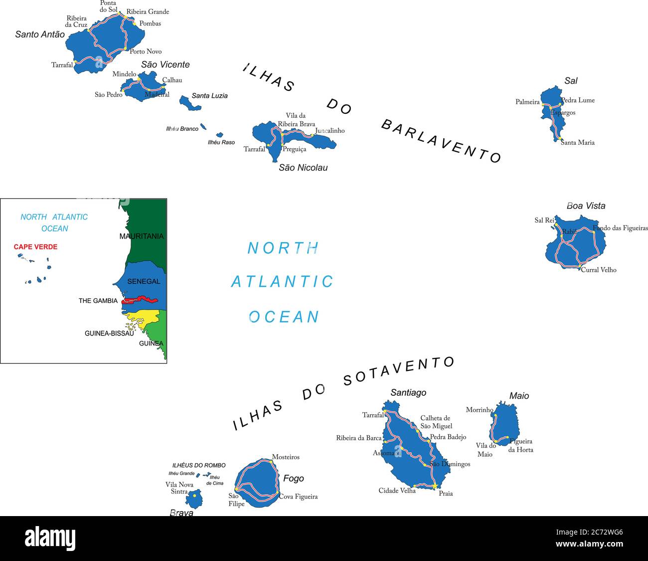 Cape Verde islands highly detailed vector map with administrative regions, main cities and roads