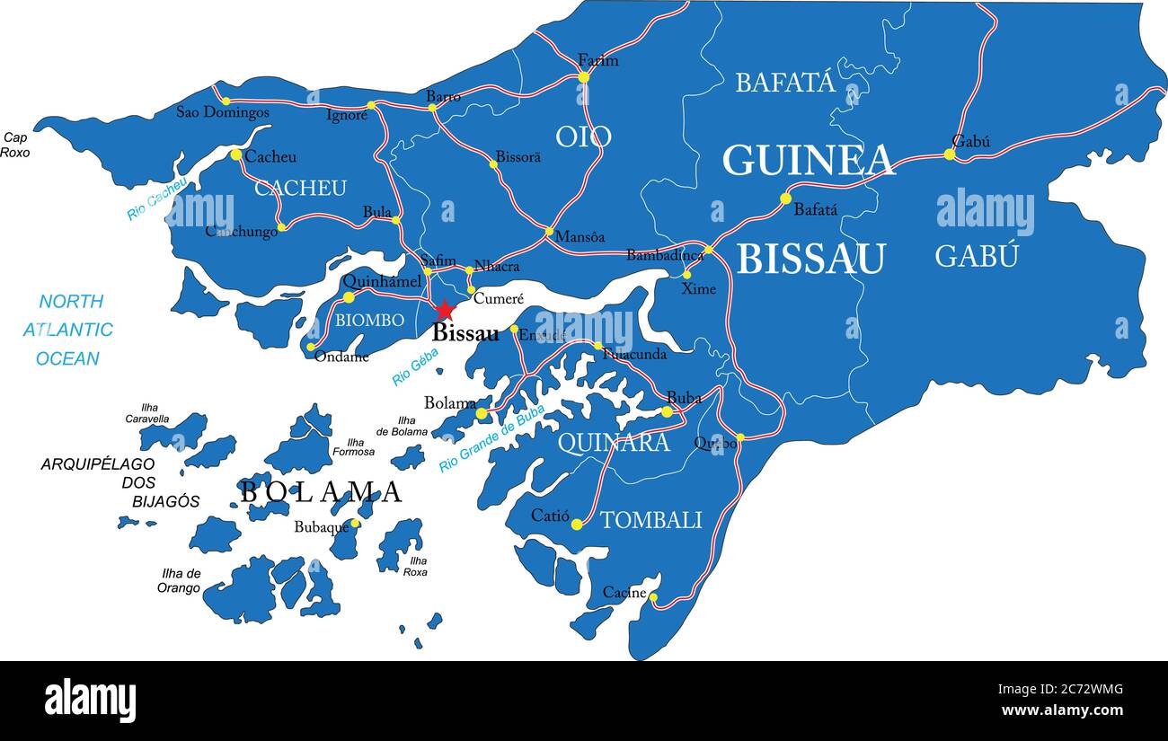 Highly detailed vector map of Guinea Bissau with administrative regions,main cities and roads. Stock Vector