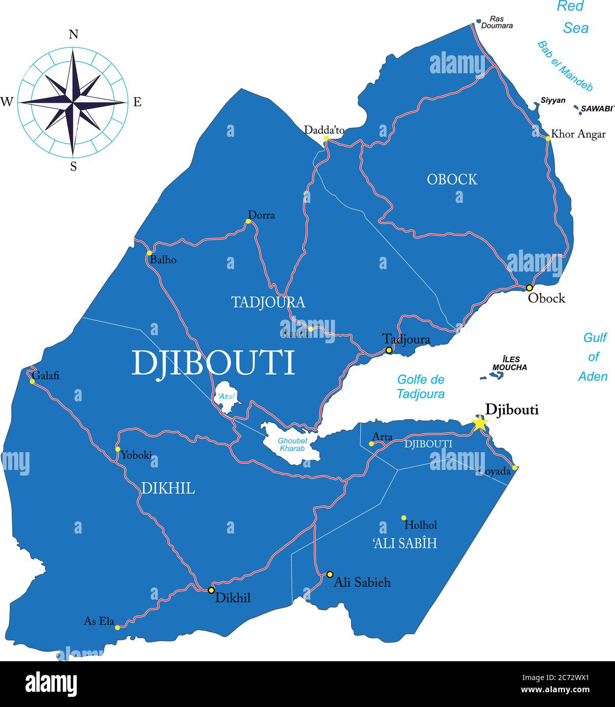 Highly detailed vector map of Djibouti with administrative regions, main cities and roads. Stock Vector