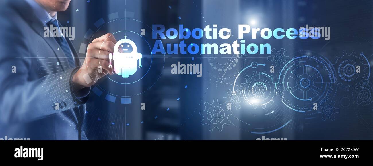 RPA Robotic Process Automation. Technology concept on virtual screen. Ai algorithm analyze Business. Stock Photo