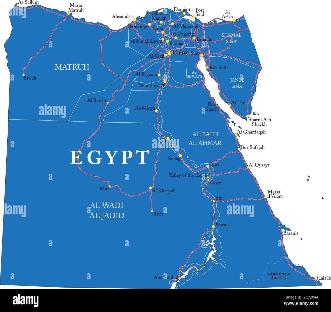 Highly detailed vector map of Egypt with administrative regions, main cities and roads. Stock Vector