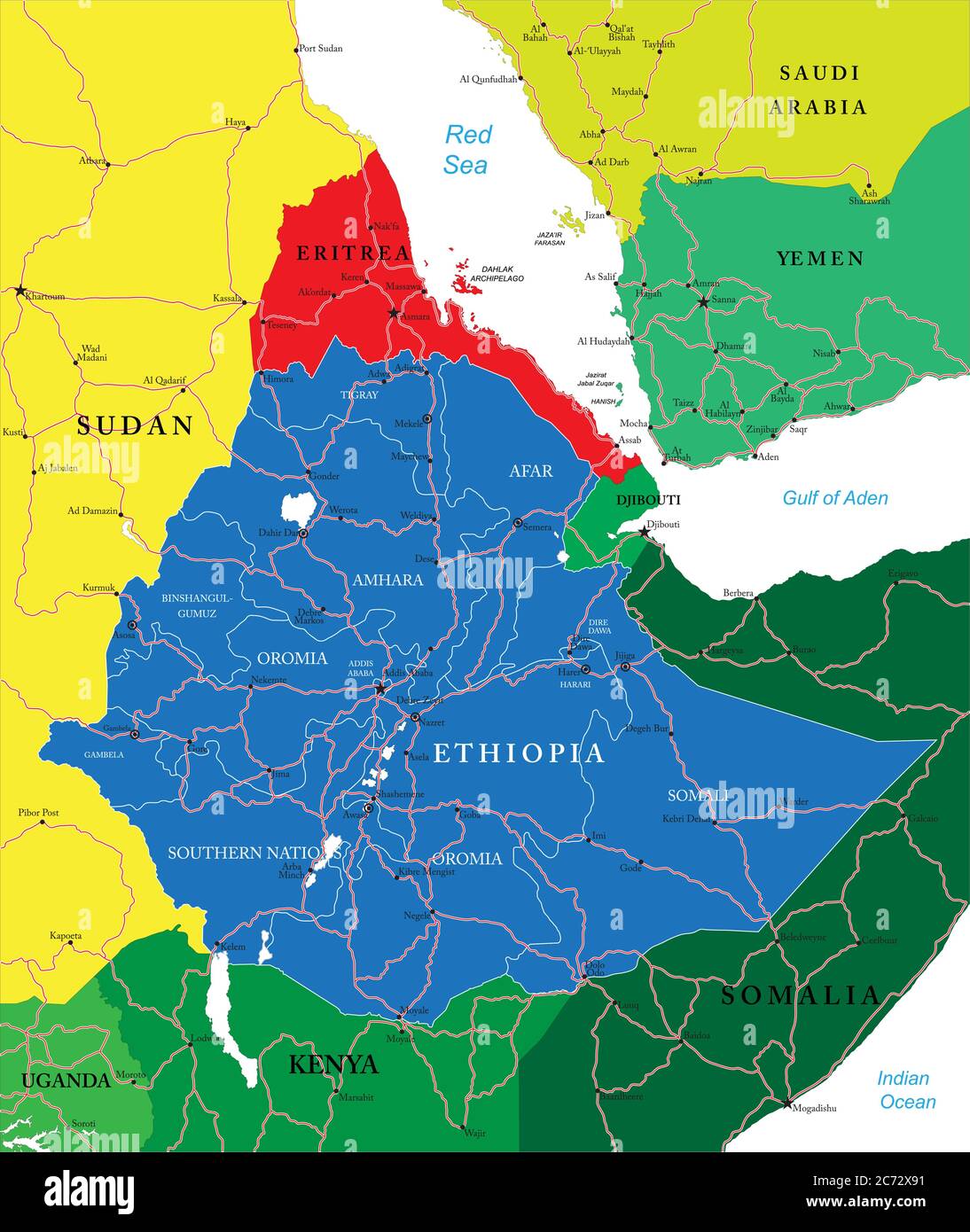 Ethiopia political map Stock Vector