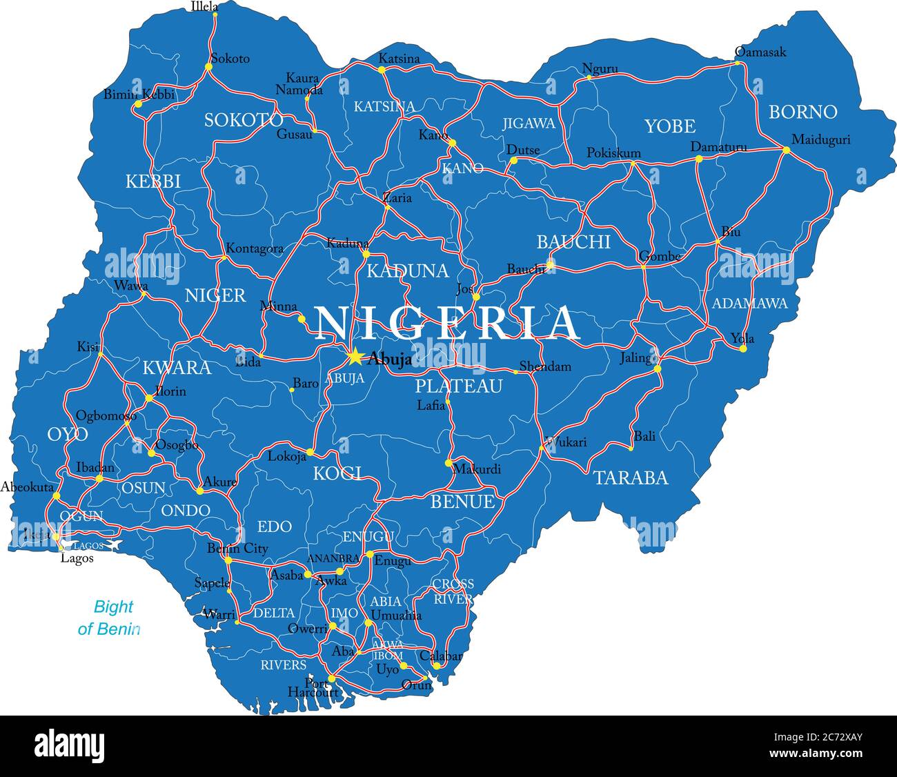 Highly detailed vector map of Nigeria with administrative regions, main cities and roads. Stock Vector