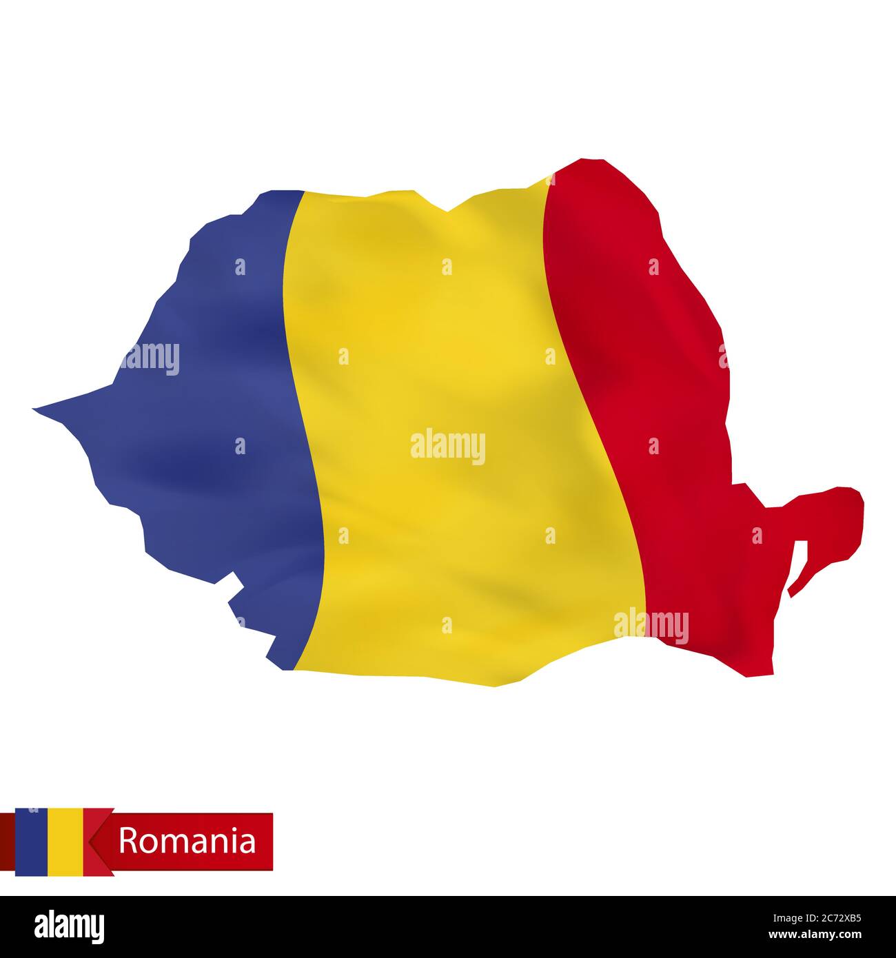 Romania map with waving flag of Romania. Vector illustration. Stock Vector