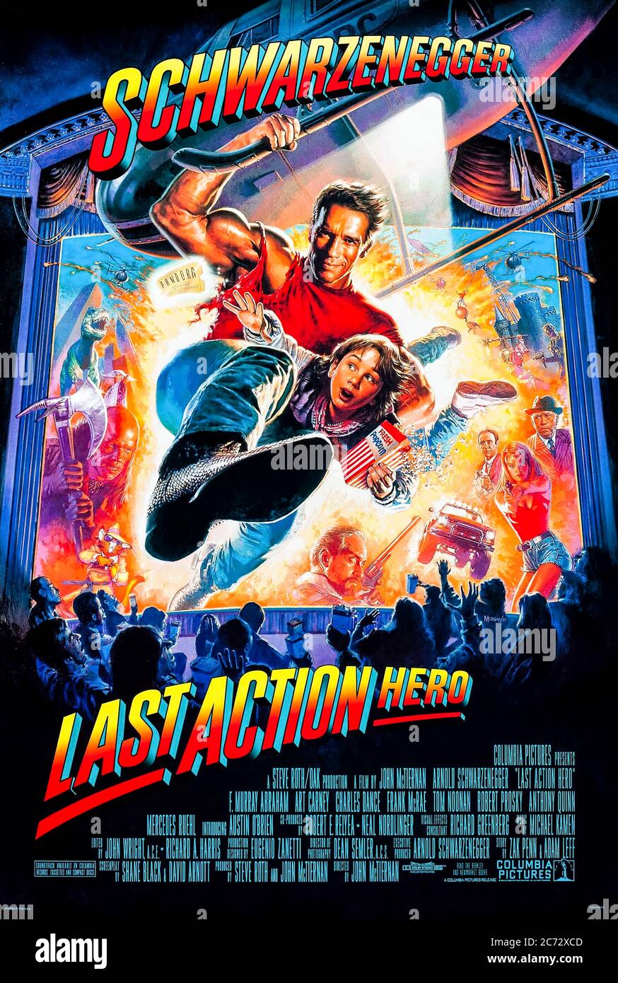 Last Action Hero (1993) directed by John McTiernan and starring Arnold Schwarzenegger, F. Murray Abraham, Art Carney and Charles Dance. A child gets transported into the movie by a magic ticket but must stop the bad guy escaping into the real world. Stock Photo