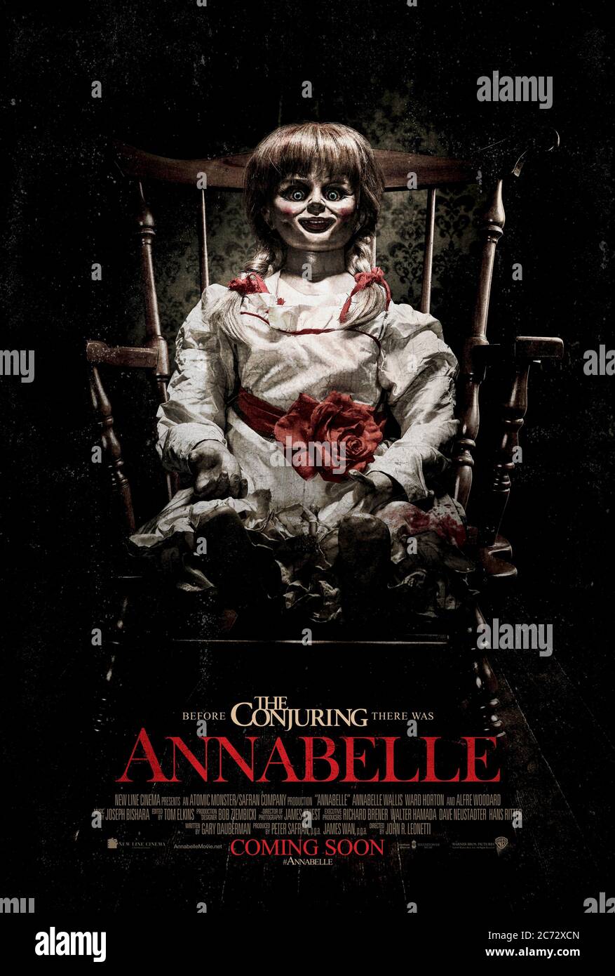 Annabelle (2014) directed by John R. Leonetti and starring Ward Horton, Annabelle Wallis, Alfre Woodard and Kerry O'Malley. A rare vintage doll becomes possessed with an evil presence in this prequel to The Conjuring. Stock Photo