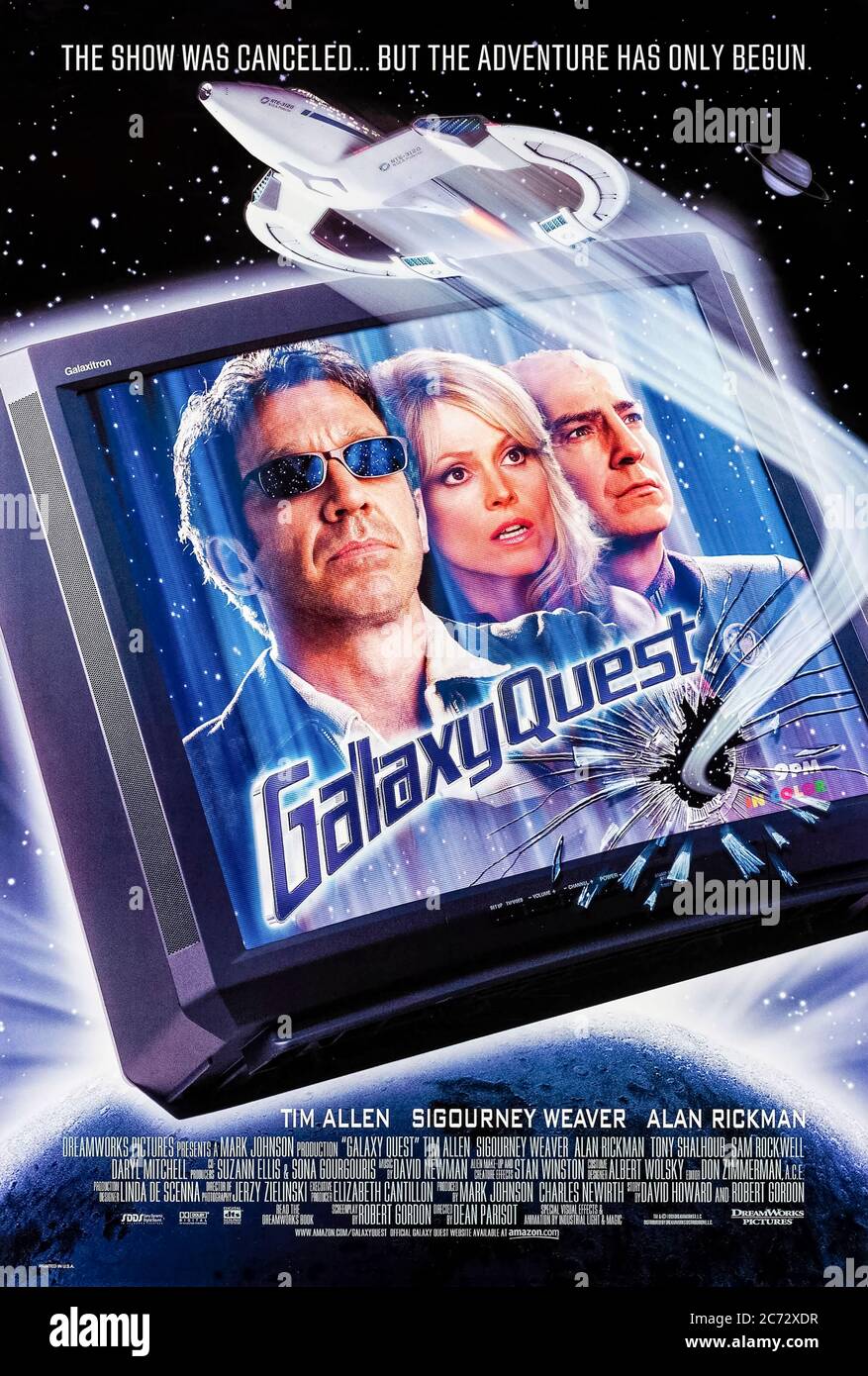 Galaxy Quest (1999) directed by Dean Parisot and starring Tim Allen, Sigourney Weaver, Alan Rickman and Sam Rockwell. Aliens kidnaps the actors from a long running science fiction television series expecting them to man a real spacecraft and save them. Stock Photo