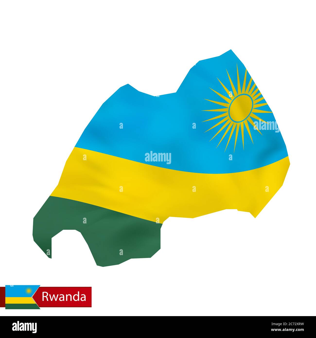 Rwanda map with waving flag of country. Vector illustration. Stock Vector