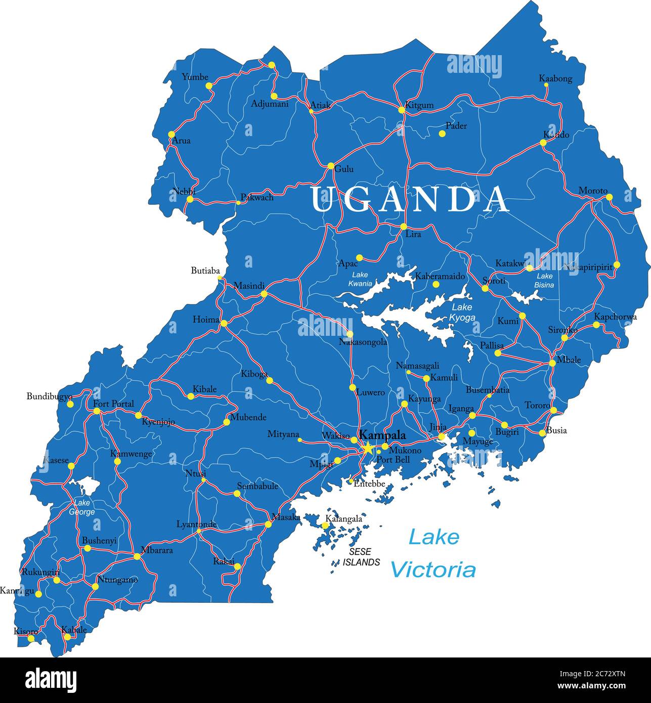 Highly detailed vector map of Uganda with administrative regions,main cities and roads. Stock Vector