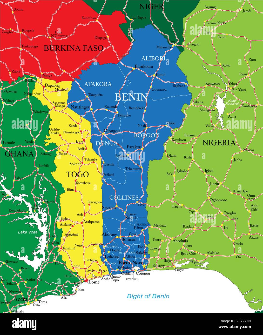 Highly detailed vector map of Benin with main cities and roads Stock