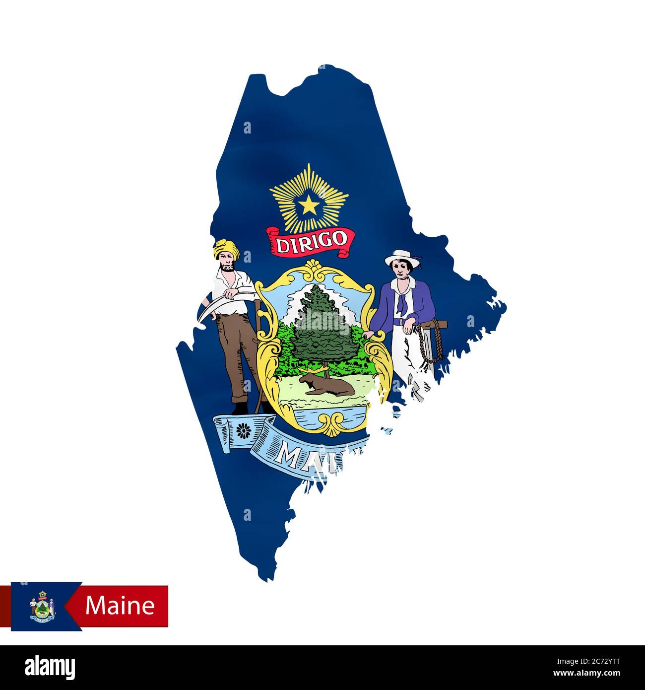 Maine state map with waving flag of US State. Vector illustration Stock
