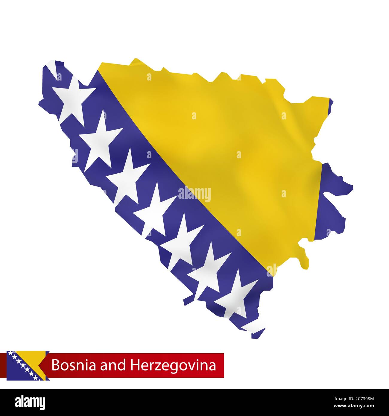 Bosnia and Herzegovina map with waving flag of Bosnia and Herzegovina. Vector illustration. Stock Vector