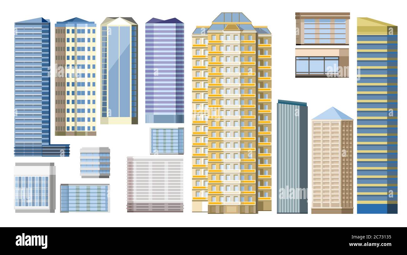 City buildings. Set. Isolated vector. Residential multi-storey apartment buildings. Office centers. Town. Supermarkets, hotels. kit of 14 designs. Stock Vector